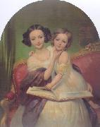 Joseph-Desire Court Portrait de Marguerite Louise Cibiel et de Marie Aglaure Cibiel assises sur un sofa  feuilletant un livre oil painting artist